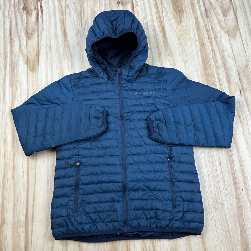 Eddie Bauer Women's EB 650 Down Puffer Coat Hooded Blue Medium Flaw